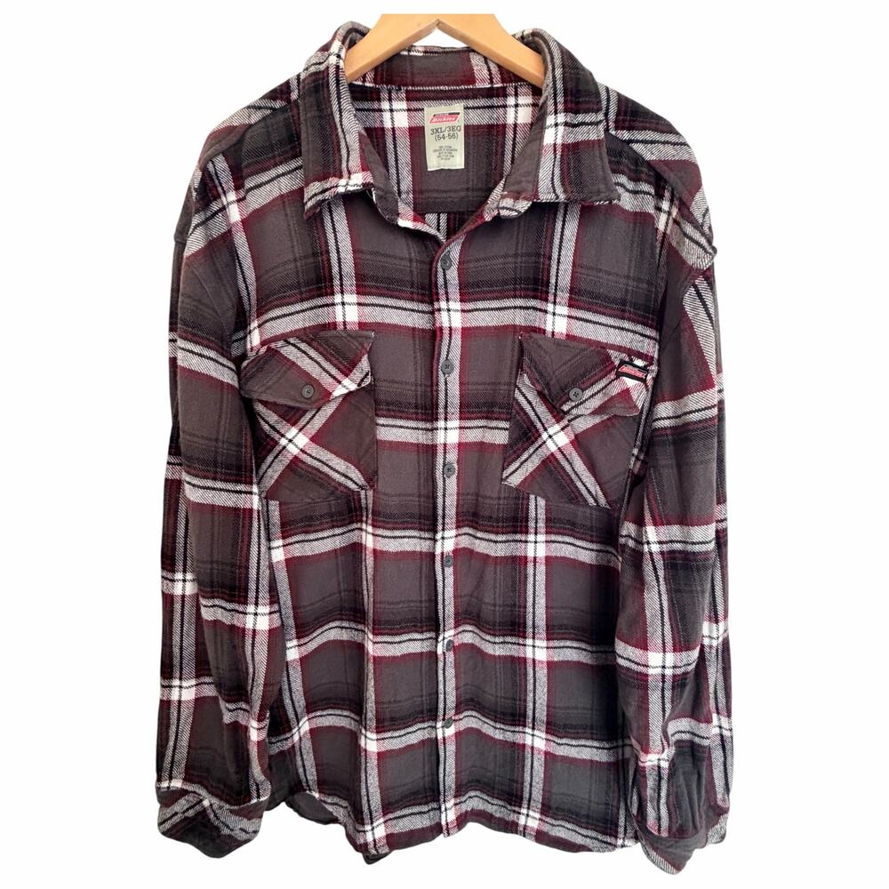 Dickies Mens 3XL Gray Burgundy Plaid Flannel Work Shirt